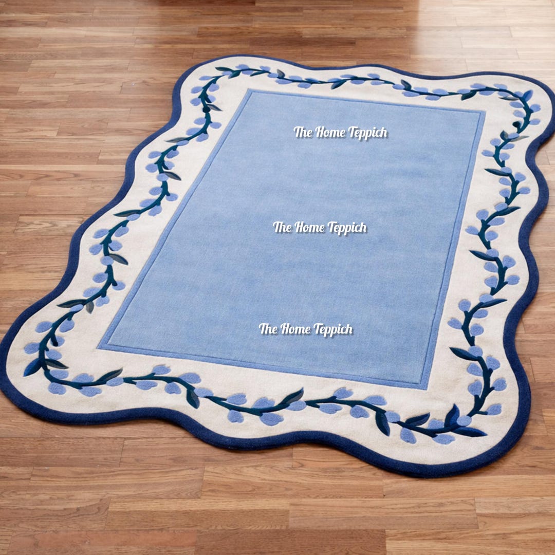 Hand-tufted Floral Border Rug Sky Blue Scalloped Area Rug - Etsy