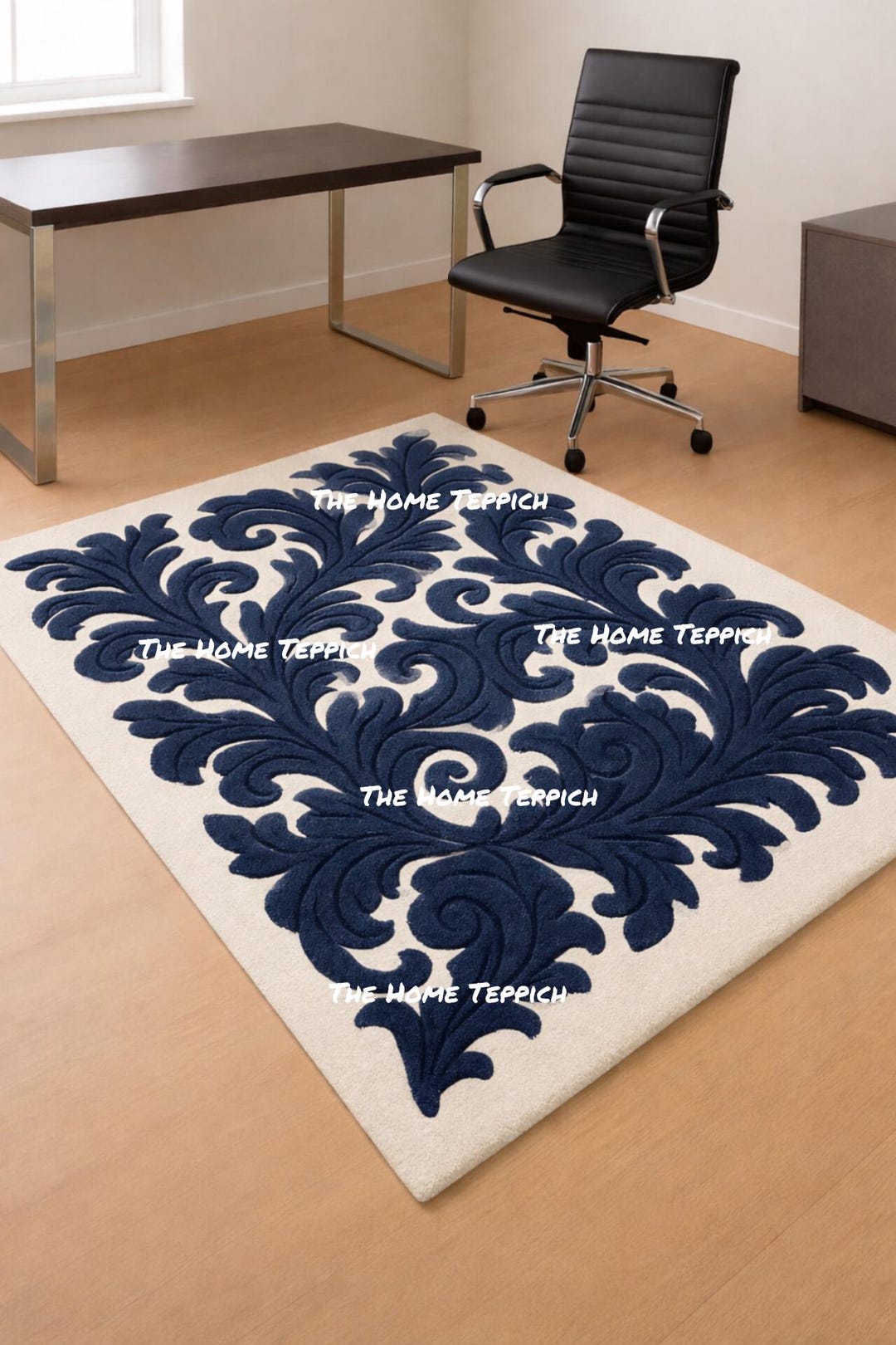 Navy Blue Floral Hand-tufted Rug,elegant Damask Pattern Carpet,cream ...
