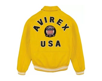 AVIREX USA Edition Yellow Leather Bomber Jacket, Genuine Cowhide Leather Motorcycle  is a bold, standout piece crafted for riders