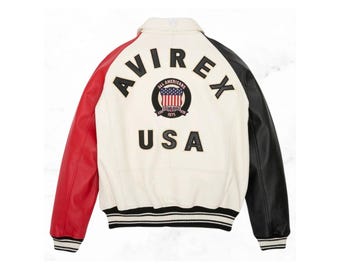Avirex ハンドメイド マルチカラー 牛革 Avirex ジャケット: ビンテージ Y2K アビエイター ボンバー レーシング バイカー レザー ジャケット - 彼への最高の贈り物。