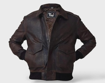 80s Vintage Genuine Leather A2 Flying Jacket. Classic Mens Dark