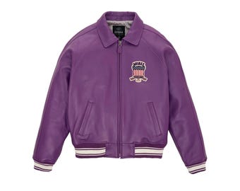 Men’s Avirex Purple Real Leather Bomber Jacket, a bold fusion of classic aviation heritage and modern styling with authentic