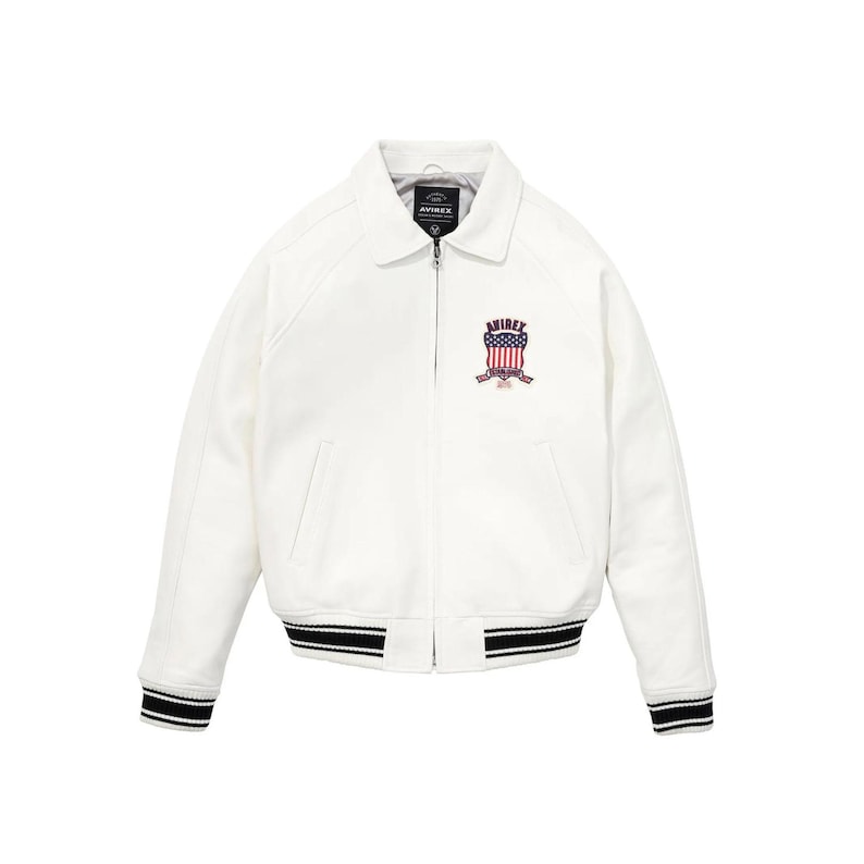 Men’s Avirex White Real Bomber American Flight Jacket Premium Leather Outerwear for Men Featuring Classic Aviator Styling with Authentic image 2