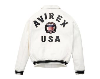 Giubbotto da aviatore americano Avirex bianco da uomo, capospalla in pelle di prima qualità, con classico stile da aviatore e autentico