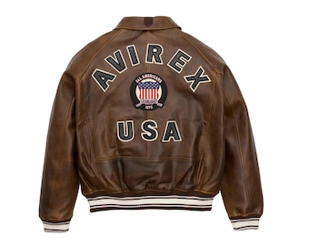 Handmade Avirex Brown Bomber Jacket | Real Leather American Flight Coat for Men gift for him