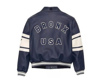 Handmade Varsity Blue Cowhide Leather Bomber Jacket – Avirex Bronx is crafted for those who appreciate classic style with a bold,