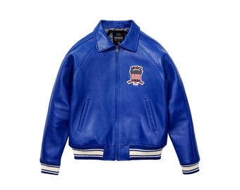 Handmade Limited Edition Avirex Leather Bomber Jacket in sleek blue Varsity style, a bold fusion of heritage craftsmanship Jackets