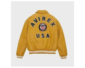 Handmade AVIREX USA Edition Yellow Leather Bomber Jacket is a bold and stylish statement piece crafted for those who value both fashion