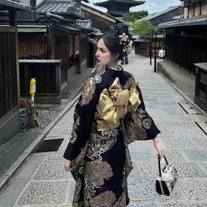 Elegant Black & Gold Japanese Kimono Set | Floral Furisode Style with Yellow/Red Obi Belt