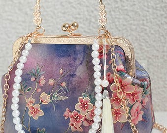Vintage Floral Clutch Bag, Hanfu Qipao Purse, Elegant Kiss Lock Handbag, Pearl Handle Crossbody Bag