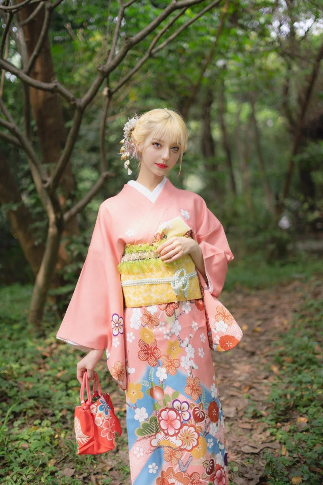 kimonoページ Pink Sakura Floral Furisode Kimono Set – Traditional Japanese