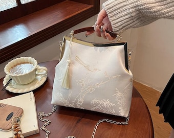 Borsa a mano ricamata effetto seta / Borsa a tracolla vintage Qipao con nappine (23 cm)