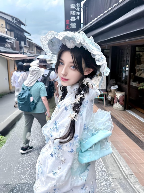 blue and white kimono dress Lace Robe Black Tulle Red Sequins