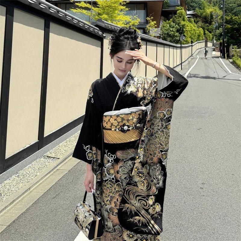 Elegant Black & Gold Japanese Kimono Set | Floral Furisode Style