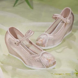 May include: A pair of blush-colored wedge heels with intricate embroidery and delicate straps. The shoes feature a closed-toe design with floral embroidery and a white sole. The heels are approximately 3 inches high.