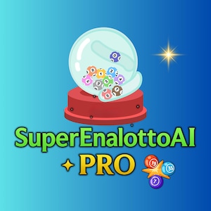 Può includere: Illustrazione digitale di una macchina per palline della lotteria con palline numerate colorate all'interno di un globo trasparente. La macchina poggia su una base rossa, con il testo "SuperEnalottoAI + PRO" sottostante. Sono presenti anche un'esplosione di stelle e palline della lotteria.