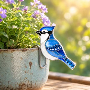 May include: A stained glass blue jay ornament with vibrant blue, white, and black details, featuring a metal hook attachment designed to hang securely over the rim of a textured, light blue ceramic planter filled with purple flowers.