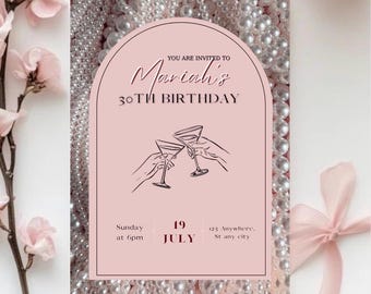 Invitación elegante de cumpleaños número 30 en color rosa / Invitación de cumpleaños editable / Plantilla digital de Canva para descargar