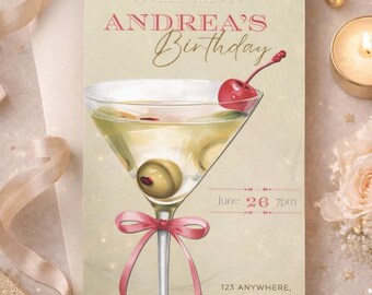 Plantilla de invitación de cumpleaños con martini / Invitación elegante para fiesta de cumpleaños (Descarga digital en Canva)