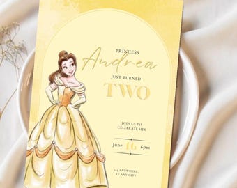 Plantilla de invitación de cumpleaños de princesa / Invitación para fiesta temática de princesas / Invitación de cumpleaños de Bella para fiesta Disney, descarga digital
