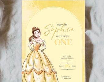 Plantilla de invitación de cumpleaños de princesa / Invitación para fiesta temática de princesas / Invitación de cumpleaños de Bella para fiesta Disney, descarga digital