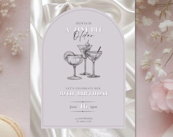 Plantilla elegante de invitación de cumpleaños blanca: invitación de fiesta elegante y editable, descarga digital, para mujeres que cumplen 30 años.