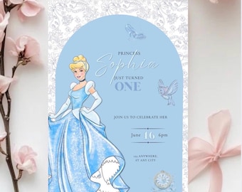 Invitación de primer cumpleaños de Cenicienta, invitación para fiesta de princesas, plantilla de invitación de cuento de hadas azul, invitación editable en Canva, cumpleaños infantil