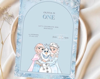 Plantilla de invitación de cumpleaños de Frozen / Invitación con temática invernal de Elsa y Anna / Invitación de primer cumpleaños para fiesta de Disney, descarga digital
