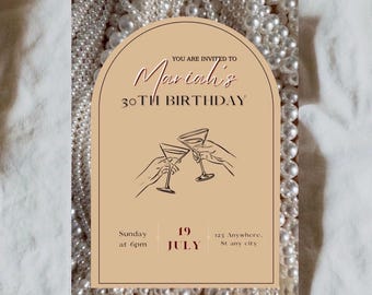 Invitación de cóctel para el 30 cumpleaños, invitación para fiesta de martinis, plantilla de invitación de cumpleaños con perlas, invitación editable en Canva, descarga instantánea.