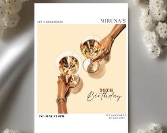 Invitación personalizada dorada para fiesta de cumpleaños con cóctel / Cualquier edad: 18, 21, 30 años, etc. / Plantilla editable de Canva para invitación de cumpleaños femenina
