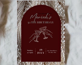 Elegante invitación para 30 cumpleaños en color burdeos / Invitación de cumpleaños editable / Plantilla Canva de descarga digital