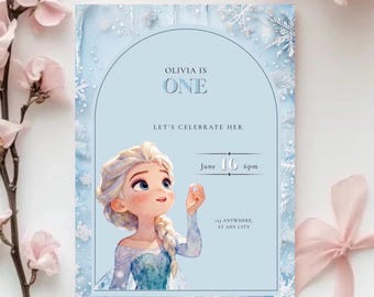 Plantilla de invitación de cumpleaños de Frozen / Invitación con temática invernal de Elsa / Fiesta de primer cumpleaños de Disney / Cumpleaños infantil, descarga digital