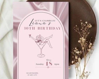 Invitación rosa para cumpleaños número 30, invitación para fiesta de cumpleaños con temática de martini, invitación para cóctel, plantilla editable de Canva.