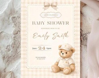 Plantilla de invitación para baby shower con osito de peluche / Descarga digital Canva