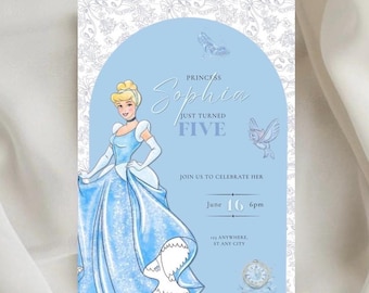 Invitación de cumpleaños de Cenicienta, invitación para fiesta de princesas, plantilla de invitación de cuento de hadas azul, invitación editable en Canva, cumpleaños infantil
