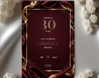 Invitación de lujo color burdeos para fiesta de cumpleaños, cena de cumpleaños número 30 para mujer / Descarga digital, plantilla editable