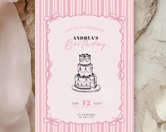 Plantilla de invitación de cumpleaños rosa: invitación para fiesta coqueta, plantilla editable de Canva para cumpleaños, descarga digital