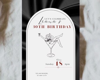 Invitación elegante negra para el 30 cumpleaños / Invitación de cumpleaños de lujo, elegante y editable / Plantilla digital descargable en Canva