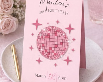 Invitación de cumpleaños con bola de discoteca rosa, invitación para niña de 21 años, invitación editable para fiesta (descarga digital, plantilla Canva de 5 x 7 pulgadas)