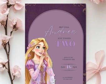 Plantilla de invitación de cumpleaños de princesa / Invitación para fiesta temática de princesas / Segundo cumpleaños de Disney / Cumpleaños infantil de Rapunzel, descarga digital