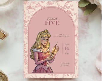 Plantilla de invitación de cumpleaños de princesa / Invitación para fiesta temática de princesas / Invitación de cumpleaños de Aurora para fiesta de Disney, descarga digital