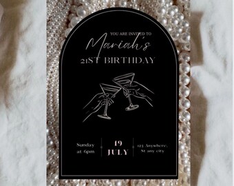 Invitación de cóctel para cumpleaños número 21, invitación para fiesta de martinis, plantilla de invitación de cumpleaños negra, invitación editable en Canva, descarga instantánea.