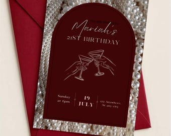 Invitación personalizada para fiesta de cumpleaños con cóctel color burdeos / Cualquier edad: 18, 21, 30 años, etc. / Plantilla editable de Canva para invitación de cumpleaños femenina