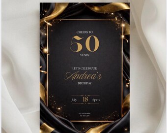 Invitación de lujo en negro y dorado para fiesta de cumpleaños, cena de cumpleaños número 50 para mujer / Descarga digital, plantilla editable