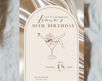 Invitación de cóctel para el 30 cumpleaños, invitación para fiesta de martinis, plantilla de invitación de cumpleaños beige, invitación editable en Canva, descarga instantánea.