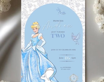 Plantilla de invitación de cumpleaños de princesa / Invitación para fiesta temática de princesas / Invitación de Cenicienta para segundo cumpleaños de fiesta Disney, descarga digital