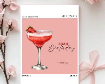 Invitación de cóctel para el 30 cumpleaños, invitación para fiesta de martinis, plantilla de invitación de cumpleaños rosa, invitación editable en Canva, descarga instantánea.
