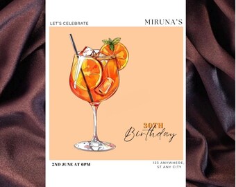 Invitación personalizada para fiesta de cumpleaños con temática de cóctel naranja / Cualquier edad: 18, 21, 30 años, etc. / Plantilla editable de Canva para invitación de cumpleaños femenina