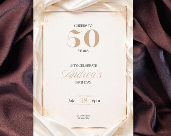 Invitación de lujo en seda blanca para fiesta de cumpleaños, cena de cumpleaños número 50 para mujer / Descarga digital, plantilla editable