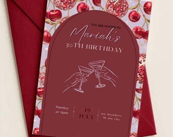 Invitación de cumpleaños número 30 en rojo disco / Invitación de cumpleaños editable en color cereza disco / Plantilla Canva de descarga digital